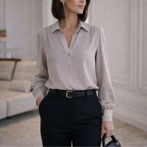 Cabi 100% Silk Taupe Blouse | Relaxed Fit Collared Minimalist Top M